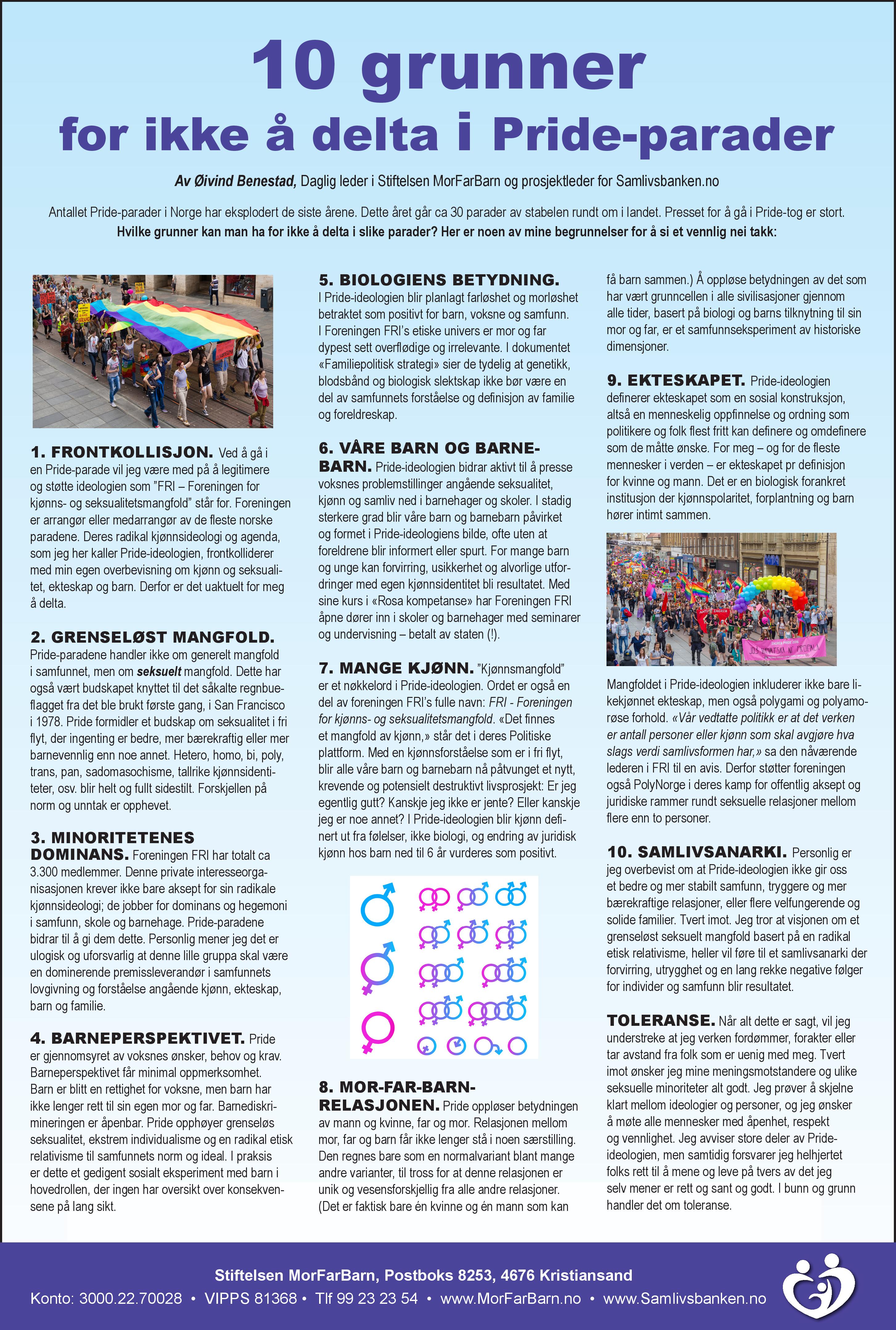 26. juni: 10 grunner  for ikke å delta i Pride-parader